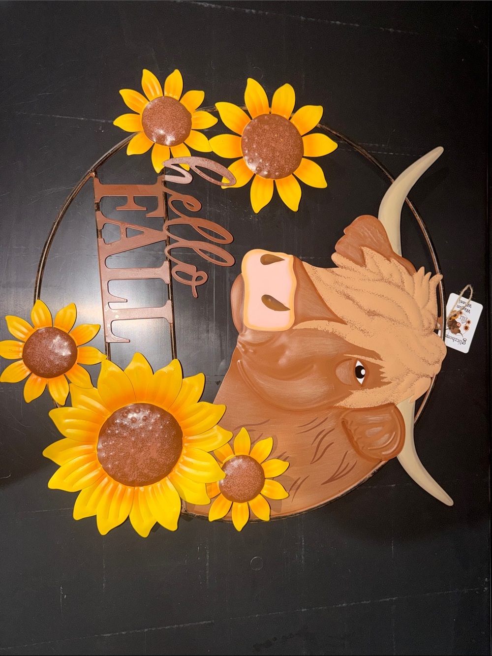 Metal Hello Fall Sunflower & Cow Wall Wreath - Yellow and Brown